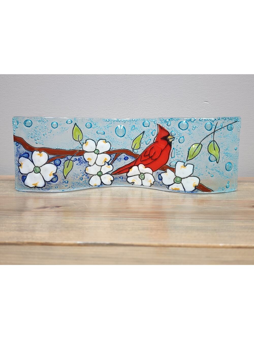 Pampeana Fused Art Glass Wave Plate Cardinals Hand Painted Ecuador 8"x3”
